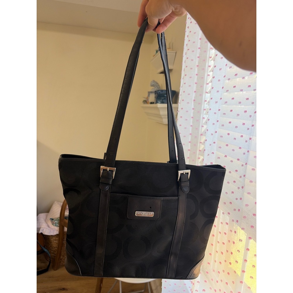 Coach Black Signature Jacquard Tote Bag Leather Trim Shoulder Bag